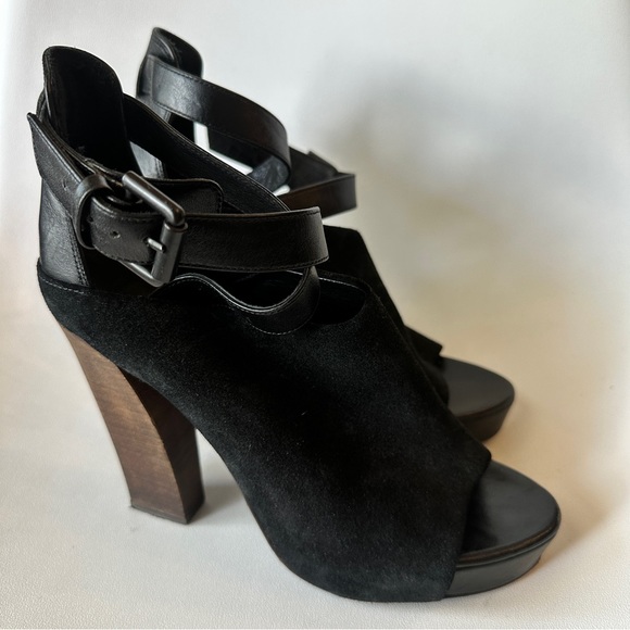 AllSaints Wrap Buckle Suede Peep Toe Heels - Size 38 - Picture 6 of 8